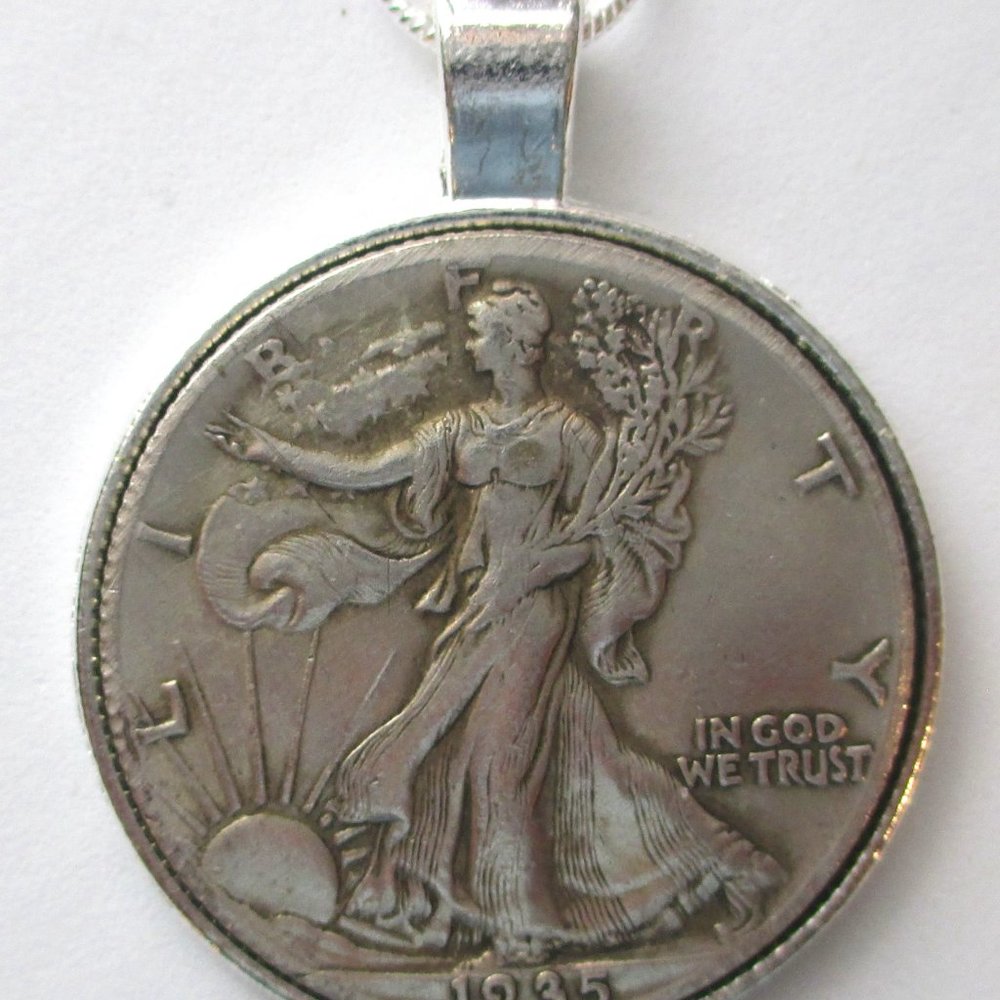 24"sterling silver necklace with coin/pendant Walking Liberty Half Dollar